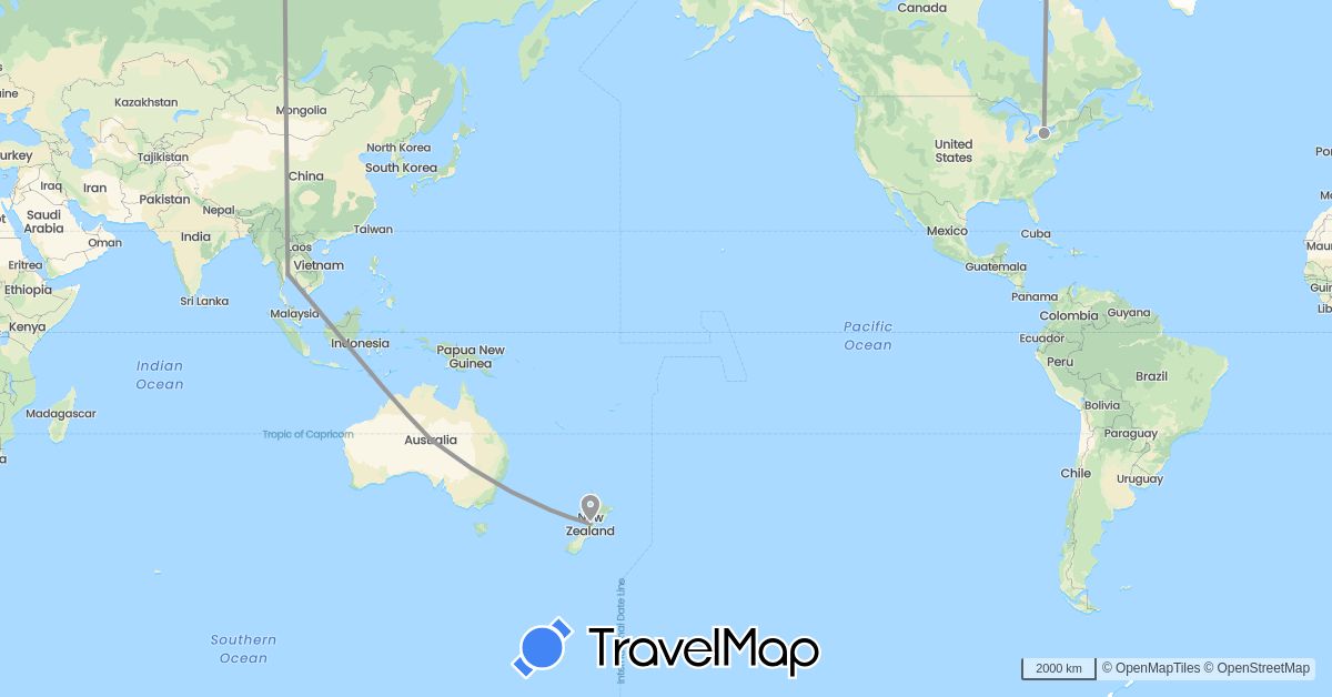 TravelMap itinerary: driving, plane in Australia, New Zealand, Thailand, United States (Asia, North America, Oceania)